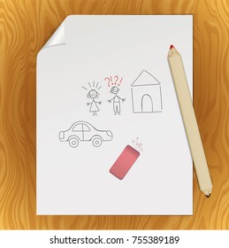 Graphite pencil on a white sheet of writing paper with a curved corner. An paper page with hand drawn couple of man, woman, house and car with a pencil and eraser. Mockup with stationery