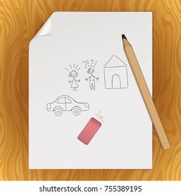 Graphite pencil on a white sheet of writing paper with a curved corner. An paper page with hand drawn couple of man, woman, house and car with a pencil and eraser. Mockup with stationery