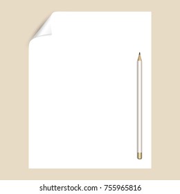 Graphite pencil on a white sheet of writing paper with a curved corner. An empty paper page for drawing or writing with a pencil. Mockup with stationery