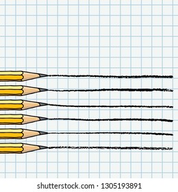 Graphite pencils drawing lines over chequered notebook page. Stationery set hand drawn vector doodle illustration. 