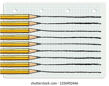 Graphite pencils drawing lines over chequered notebook page. Stationery set hand drawn vector doodle illustration. 