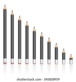 Graphite pencils getting shorter - symbolic for contraction, reduction, decrease, loss. Isolated vector illustration on white background.