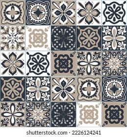 Graphite white contrast pattern on square ceramic tile, seamless pattern decorative background for Azulejo spanish portuguese interior design, modern adaptation