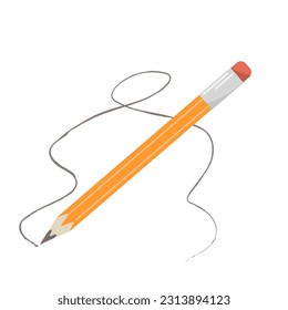 Graphite yellow wooden pencil with a rubber eraser on a white background. Vector illustration of office and school stock, school design, stickers, web elements, kids design.