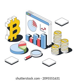 Graphs and charts, bitcoin coins, cryptocurrency symbol, magnifier. Vector 3d line isometric, color web icons, new flat style. Creative illustration, design idea for infographics.