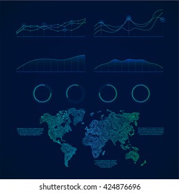 Graphs and charts collection . Blue color statistic , information graphs set
constituents of infographic. Vector infographic . Abstract outline earth map . HUD style . Data science