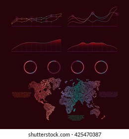 Graphs and charts collection . Rainbow color statistic , information graphs set constituents of infographic. Vector infographic . Abstract outline eart map . HUD style . Data science .