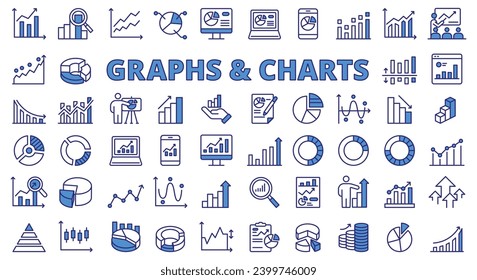 Graphs and charts icon line design blue. Business graph, chart, data, diagram, statistic, pie chart, data visualization vector illustrations. Graphs and charts editable stroke icons.