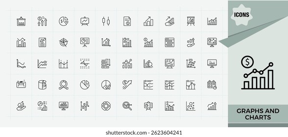 Graphs And Charts icon pack. Trendy minimal icons. Included graphic, diagram, analytics, graph, presentation, data. Art and illustration. Diagram icon set.
