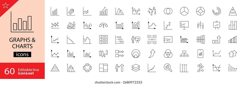 Graphs and charts icons set. Includes symbols of bar chart, pie chart, line graph, analytics, statistics, growth, comparison, and data visualization. Editable stroke. Vector illustration. Outline icon