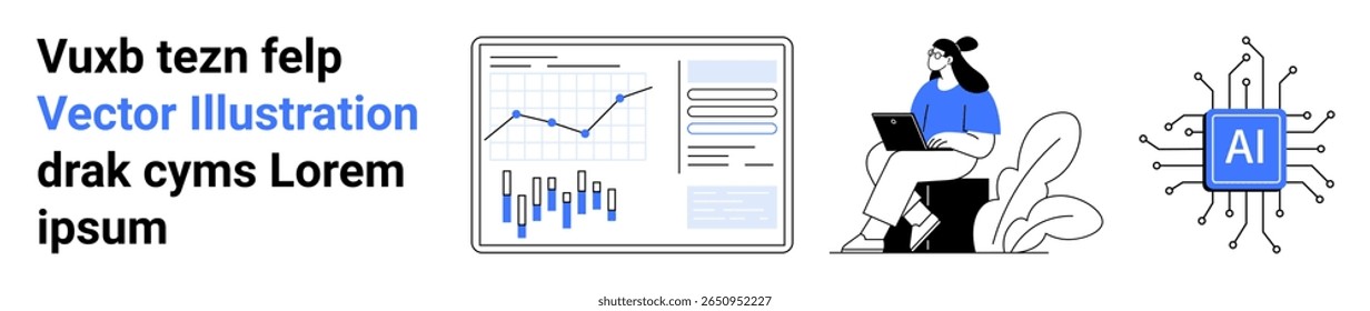Graphs and charts indicating data trends, woman working remotely on laptop, AI chip icon. Ideal for business analysis, remote work solutions, AI technology, data visualization, tech innovation