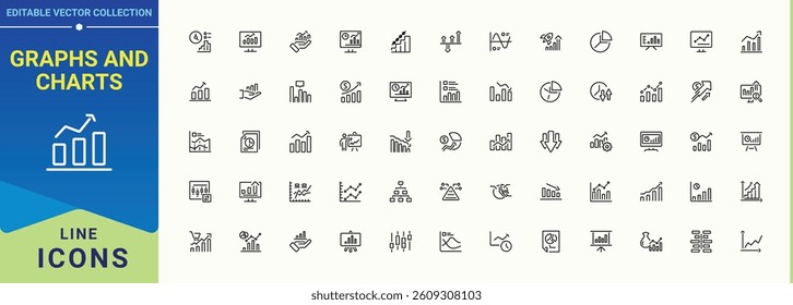 Graphs And Charts modern icon set. Included statistic, diagram, report, analytics, presentation, data and more. UI icons set in a thin style. Chart icon set. Editable stroke.