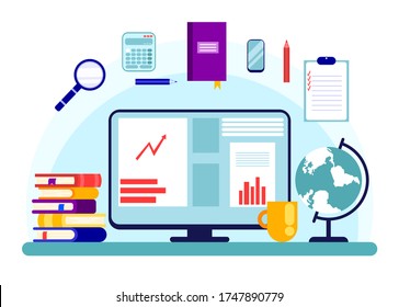 Graphs and charts on a computer screen. Workplace. Online business. Subjects for business and training. Cartoon style. Vector stock flat illustration.