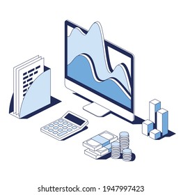 Graphs and charts on the computer screen, documents, report, finance, calculator. Vector 3d line isometric, web icons, blue color. Creative design idea for infographics.