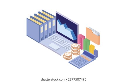 Graphs and charts on the computer screen, documents, report, finance, calculator.on white background.3D design.isometric vector design Illustration.