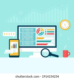 Gráficos y gráficos en el monitor y la pantalla del teléfono. Concepto de contabilidad e información financiera. Ilustración vectorial en estilo plano