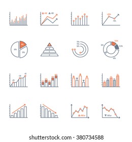 graphs and charts thin line icons set. data elements, bar and pie, diagrams for business infographics. visualization of data statistic and analytics. isolated on white background. vector illustration