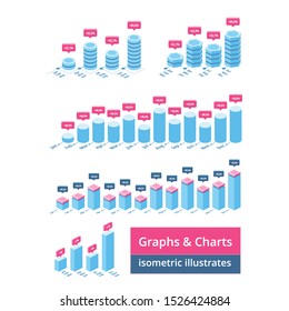 Graphs charts. Vector 3d isometric, color web icon, new flat style. Creative illustration design, idea for infographics.