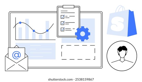 Graphs, a checklist, an email symbol, a gear, a shopping bag, and a user profile appear on a dashboard. Ideal for online business, marketing, website development, analytics, and e-commerce. Simple