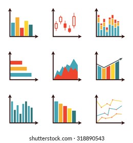 Graphs and data icon set. Charts for infographics design. Colorful vector illustration in flat style.