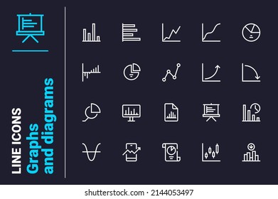 Los iconos de análisis de gráficos y diagramas establecen la ilustración vectorial. Icono de línea de estadísticas y análisis. Concepto empresarial, económico y financiero