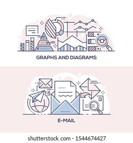 Graphs and diagrams and email banner template. Data visualization and internet correspondence symbols thin line illustrations. Business analysis, infographics, online messaging, marketing concept