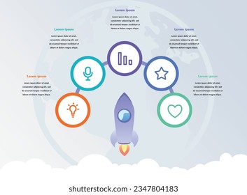 Graphs and diagrams forming a graphic drawing are united by signs of connections, creating a network of information exchange. The rocket symbolizes strategy and business growth.