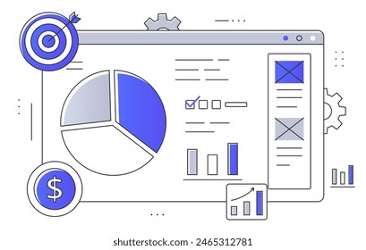 Graphs and diagrams, infographics. Statistics for traders, entrepreneurs and investors. Financial literacy and accounting concept. Line art style flat vector illustration