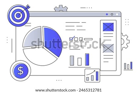 Graphs and diagrams, infographics. Statistics for traders, entrepreneurs and investors. Financial literacy and accounting concept. Line art style flat vector illustration