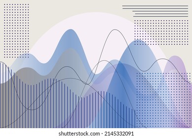 Gráficos, diagramas, parabolas, formas geométricas sobre fondo vectorial de gradiente gris azul. en estilo abstracto. Concepto moderno para presentación, fondo para su interfaz, publicidad, texto
