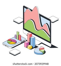 Graphs and diagrams, screen monitor, mobile device application. Vector 3d sketch line isometric style, color icon illustration. Creative design idea and infographics elements.