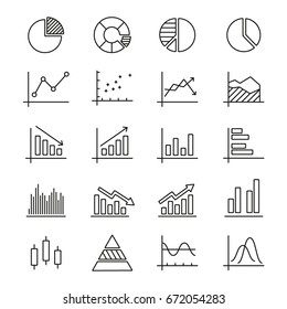 Graphs and diagrams: thin monochrome icon set, black and white kit