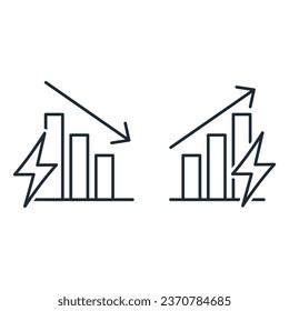 Gráficos con energía hacia arriba, hacia abajo. Cambio de intensidad. Icono lineal vectorial aislado en fondo blanco.