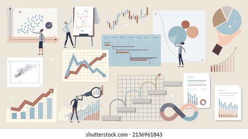 Graphs and financial analysis bars with pie charts tiny person collection. Economical forecasting elements with infocharts and data visualization items vector illustration. Business report graphics.