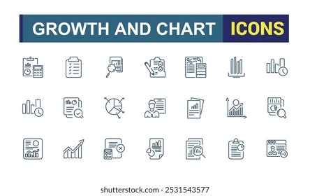 Graphs and Growth Analytics icons set. Diagrams, financial profits, progress. Vector illustration in modern thin line style of Chart icons. 