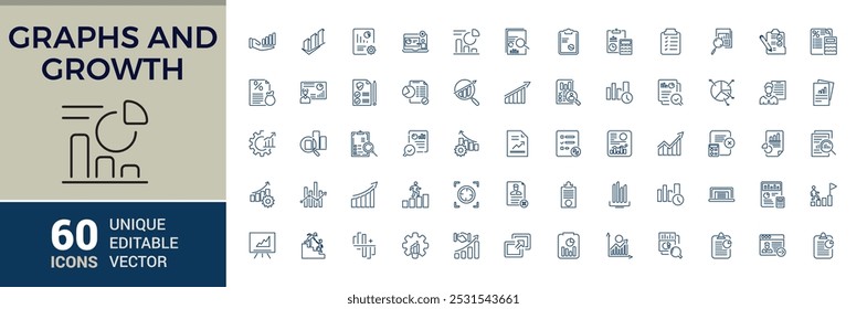 Conjunto de iconos de gráficos y análisis de crecimiento. Diagramas, ganancias financieras, progreso. Ilustración vectorial en estilo de línea delgada moderna de iconos de gráfico. 