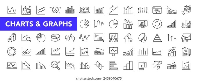 Conjunto de iconos Gráficos y Gráficos con trazo editable. Colección de iconos de líneas finas de gráficos y diagramas. Ilustración de vector