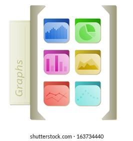 graphs icons with six types of graphs in different colors on white background