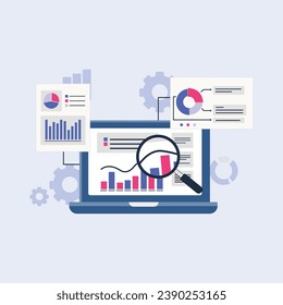 Graphs Information Report Analysis on Laptop Screen Vector Illustration. Data Analysis Concept