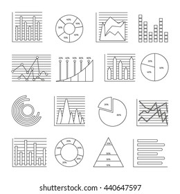 Graphs in linear style icon set with isolated financial elements for business presentation vector illustration