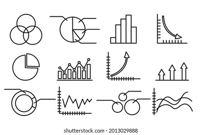 Graphs, marketing charts, business infographics, different diagram, presentation template and financial analysis set. Vector flat line outline icons collection isolated on grey background