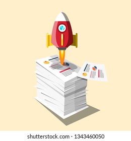 Graphs on Business Documents Heap with Rocket Launch Vector Design