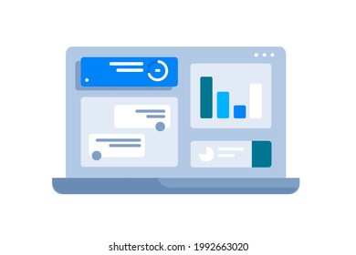 Graphs on laptop screen vector illustration. Modern device for work. Preparing business report flat style. Computer with diagrams. Technology concept. Isolated on white background