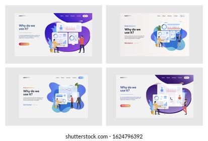 Graphs presentation set. Professionals analyzing interactive charts, reports. Flat vector illustrations. Business, marketing, analysis concept for banner, website design or landing web page