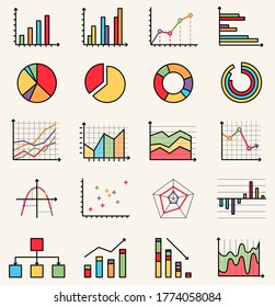 Graphs, schemes, schedules vector flat style colorful isolated icons