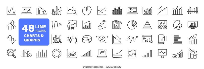 Graphs and Graphs set of web icons in line style. Charts and diagram icons for web and mobile app. Business infographic, charts, statistics, growth, growing bar graph and more. Vector illustration