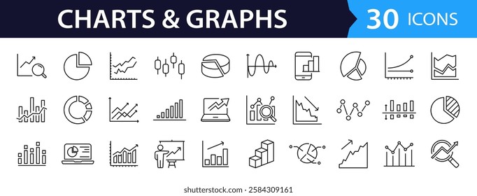 Graphs and Graphs set of web icons in line style. Charts and diagram icons for web and mobile app. Business infographic, charts, statistics, growth, growing bar graph and more. Vector illustration