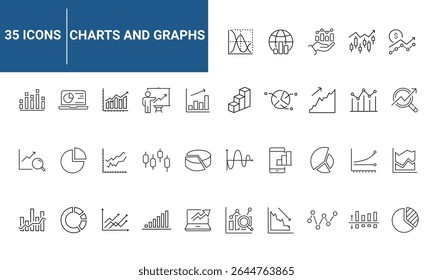 Graphs and Graphs set of web icons in line style. Charts and diagram icons for web and mobile app. Business infographic, charts, statistics, growth, growing bar graph and more. Vector illustration