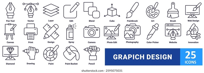 Grapich design icon set. with icon pen tool, vector, layer, edit, blend, cube, paintbrush, art, brush, web design, canvas, print, design, spray, camera, photo edit, photography, color picker