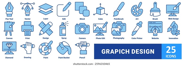 Grapich design icon set. with icon pen tool, vector, layer, edit, blend, cube, paintbrush, art, brush, web design, canvas, print, design, spray, camera, photo edit, photography, color picker